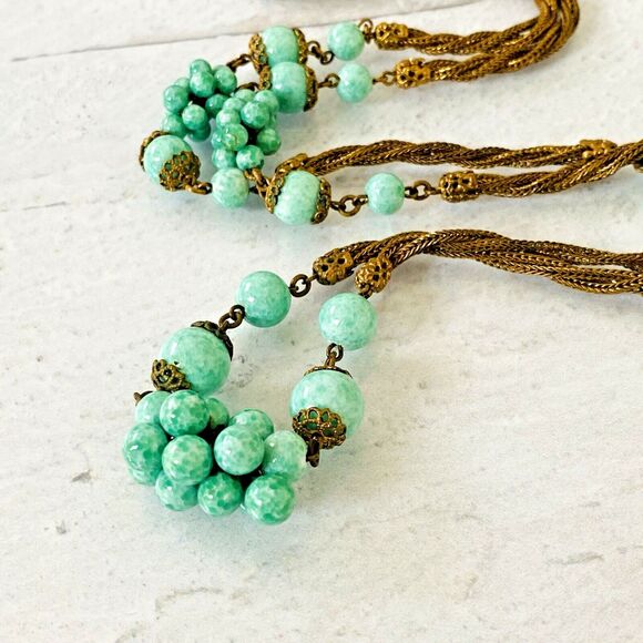 VTG Art Deco Czech Peking Jade Long Flapper Necklace Bead Cluster Stations 35"Lg - Picture 10 of 11